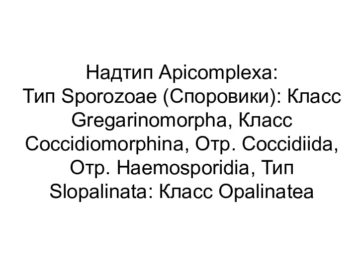 Надтип Apicomplexa: Тип Sporozoaе (Споровики): Класс Gregarinomorpha, Класс Coccidiomorphina, Отр. Сoccidiida, Отр. Haemosporidia,