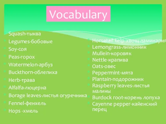 Vocabulary Squash-тыква Legumes-бобовые Soy-соя Peas-горох Watermelon-арбуз Buckthorn-облепиха Herb-трава Alfalfa-люцерна Borage