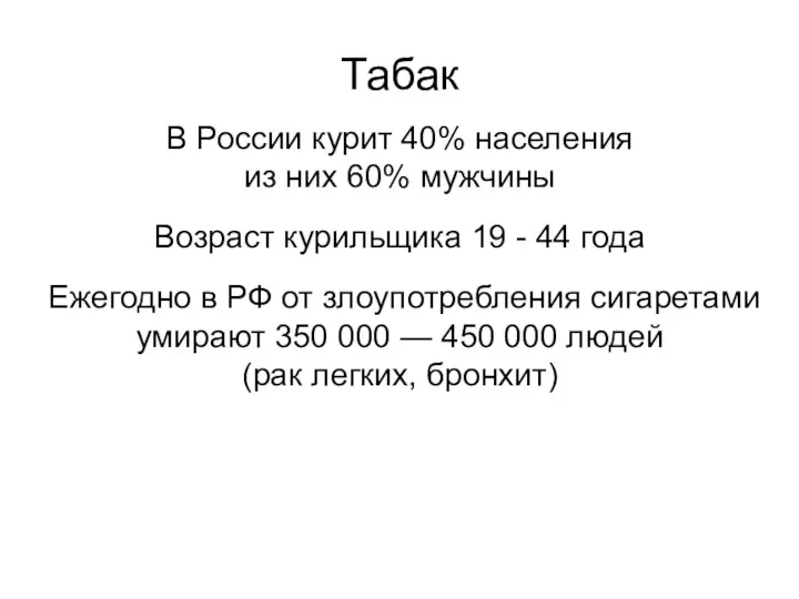 Табак В России курит 40% населения из них 60% мужчины