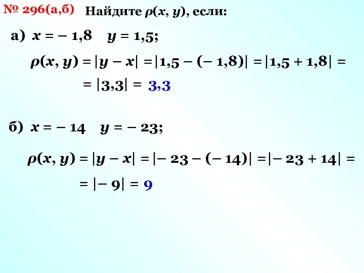 № 296(а,б) Найдите ρ(х, у), если: а) х = –