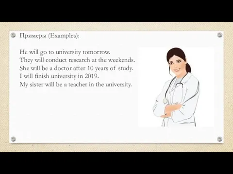 Примеры (Examples): He will go to university tomorrow. They will conduct research at