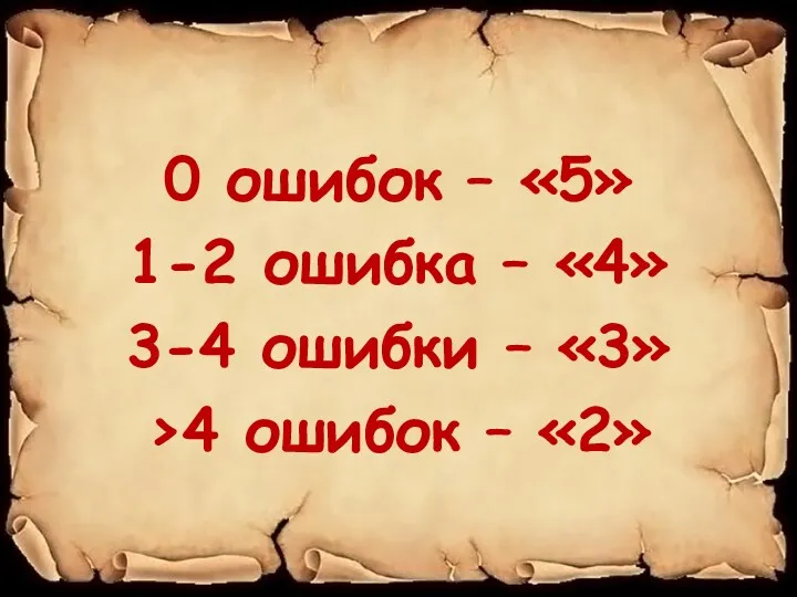 0 ошибок – «5» 1-2 ошибка – «4» 3-4 ошибки – «3» >4 ошибок – «2»