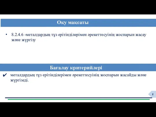 8.2.4.6 -металдардың тұз ерітінділерімен әрекеттесуінің жоспарын жасау және жүргізу Оқу