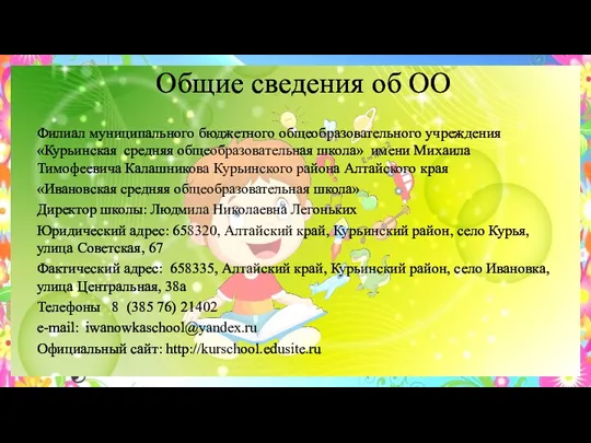 Общие сведения об ОО Филиал муниципального бюджетного общеобразовательного учреждения «Курьинская