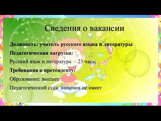 Сведения о вакансии Должность: учитель русского языка и литературы Педагогическая