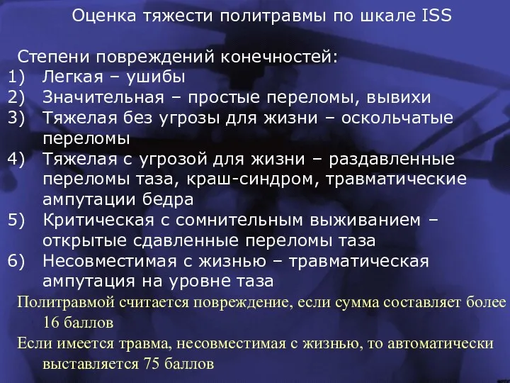 Оценка тяжести политравмы по шкале ISS Степени повреждений конечностей: Легкая