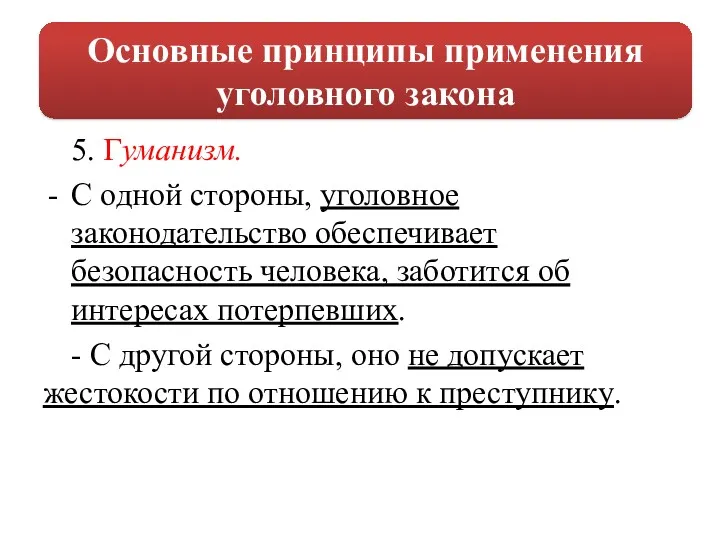 5. Гуманизм. С одной стороны, уголовное законодательство обеспечивает безопасность человека,