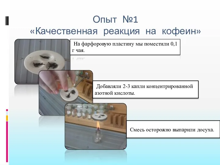 Опыт №1 «Качественная реакция на кофеин» На фарфоровую пластину мы