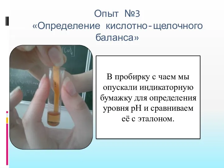 Опыт №3 «Определение кислотно-щелочного баланса» В пробирку с чаем мы