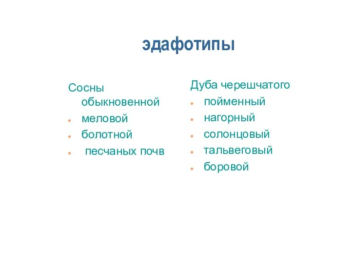 эдафотипы Сосны обыкновенной меловой болотной песчаных почв Дуба черешчатого пойменный нагорный солонцовый тальвеговый боровой