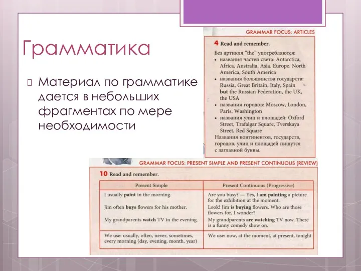 Грамматика Материал по грамматике дается в небольших фрагментах по мере необходимости