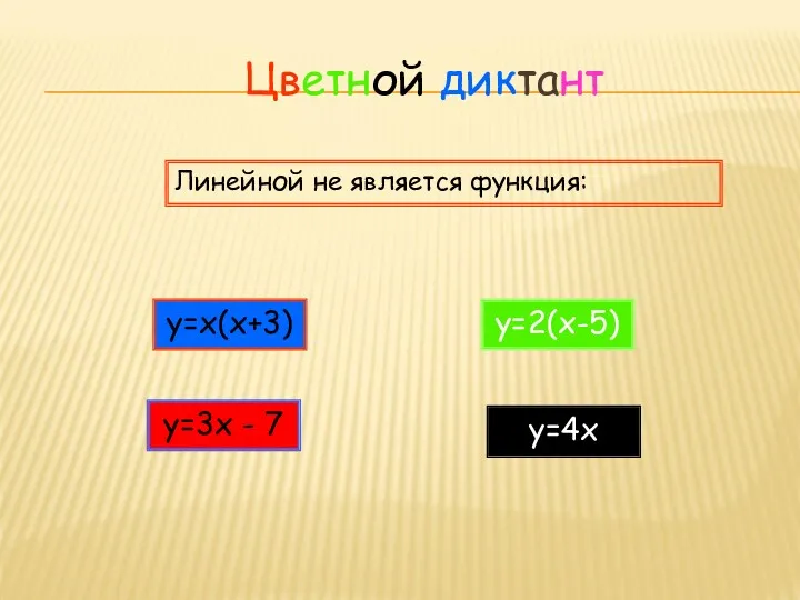 y=x(x+3) y=2(x-5) Линейной не является функция: Цветной диктант y=3x - 7 y=4x