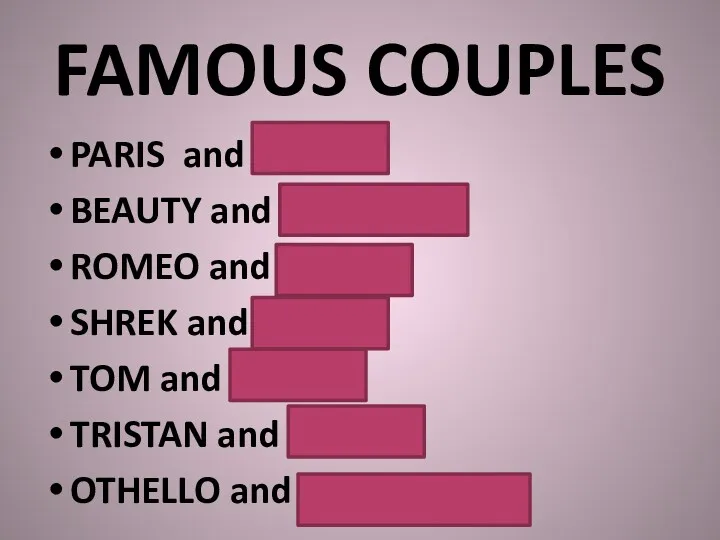 FAMOUS COUPLES PARIS and ELENA BEAUTY and THE BEAST ROMEO and JULIET SHREK