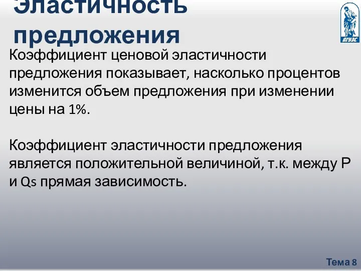 Тема 8 Коэффициент ценовой эластичности предложения показывает, насколько процентов изменится