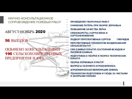 НАУЧНО-КОНСУЛЬТАЦИОННОЕ СОПРОВОЖДЕНИЕ ПОЛЕВЫХ РАБОТ АВГУСТ-НОЯБРЬ 2020 56 ВЫЕЗДОВ ОХВАЧЕНО КОНСУЛЬТАЦИЯМИ