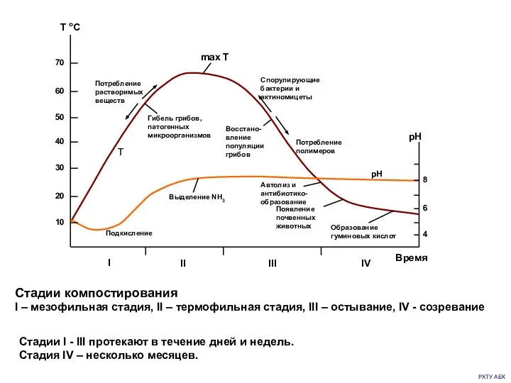 РХТУ АЕК Стадии компостирования I – мезофильная стадия, II –