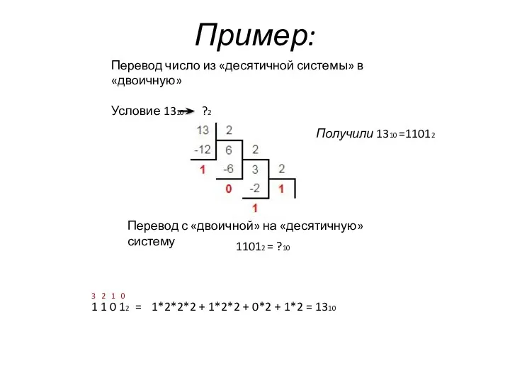 Пример: Перевод число из «десятичной системы» в «двоичную» Условие 1310