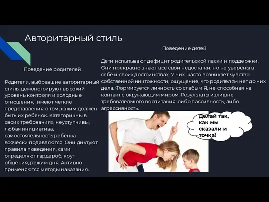 Авторитарный стиль Поведение родителей Родители, выбравшие авторитарный стиль, демонстрируют высокий