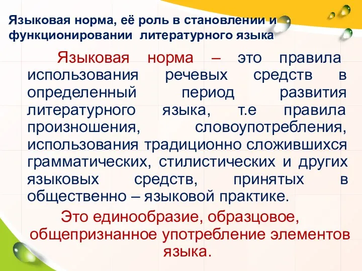 Языковая норма, её роль в становлении и функционировании литературного языка Языковая норма –