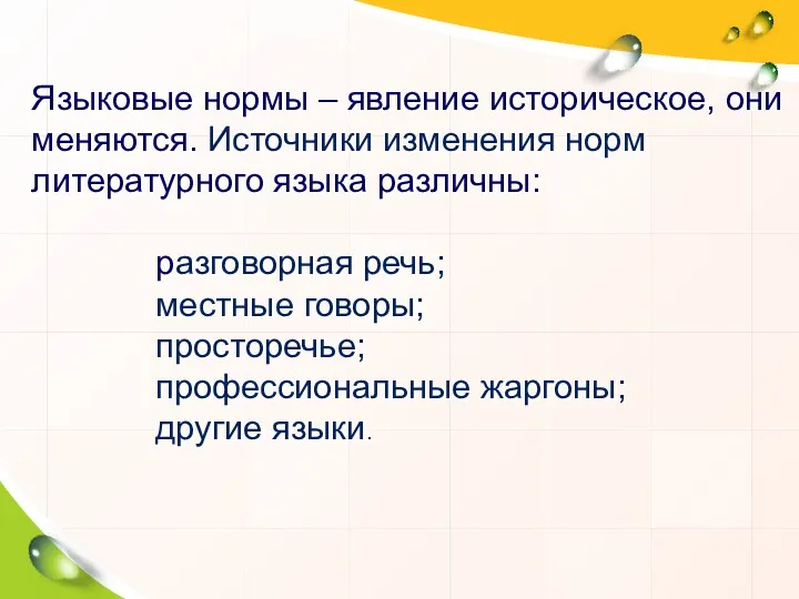 Языковые нормы – явление историческое, они меняются. Источники изменения норм литературного языка различны: