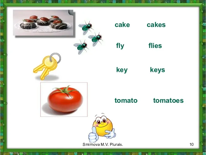 cake cakes fly flies key keys tomato tomatoes Smirnova M.V. Plurals.