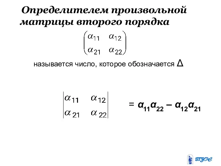 Определителем произвольной матрицы второго порядка называется число, которое обозначается Δ = α11α22 – α12α21