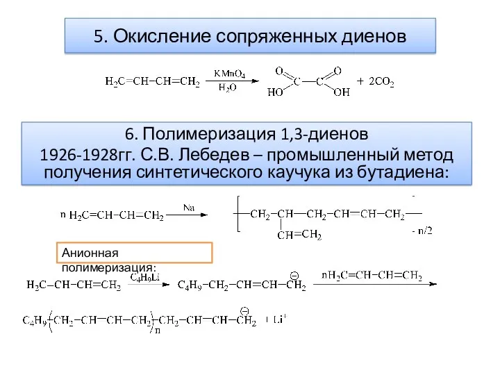 5. Окисление сопряженных диенов 6. Полимеризация 1,3-диенов 1926-1928гг. С.В. Лебедев