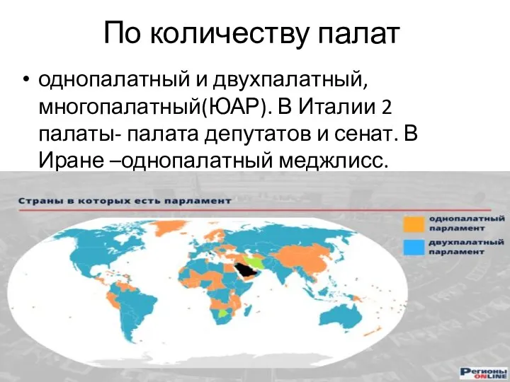 По количеству палат однопалатный и двухпалатный, многопалатный(ЮАР). В Италии 2