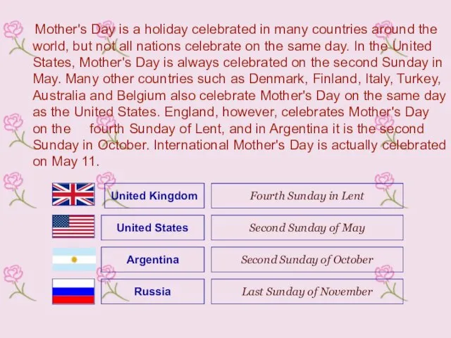 Mother's Day is a holiday celebrated in many countries around