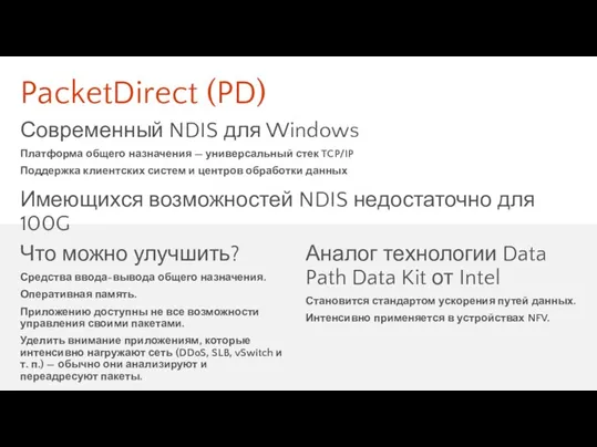 PacketDirect (PD) Современный NDIS для Windows Платформа общего назначения —