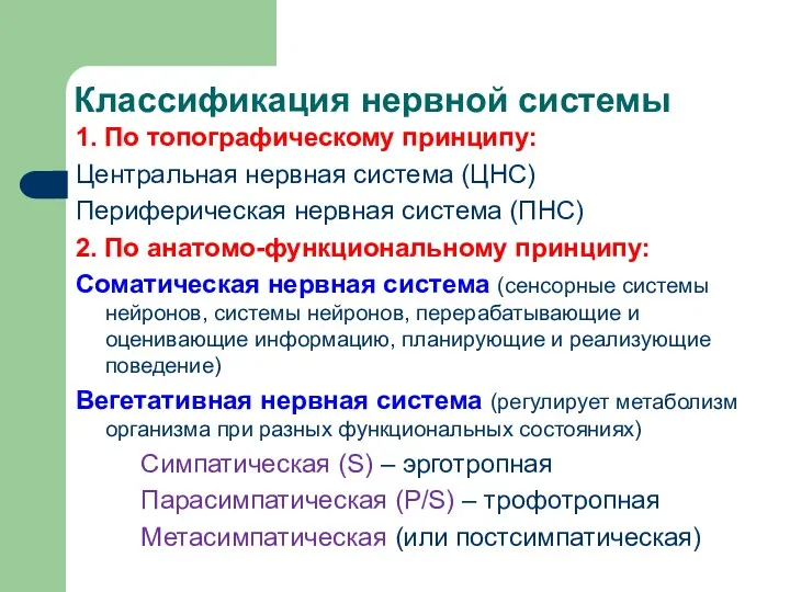 Классификация нервной системы 1. По топографическому принципу: Центральная нервная система