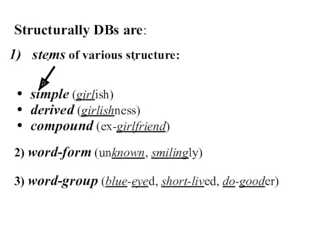 Structurally DBs are: stems of various structure: simple (girlish) derived