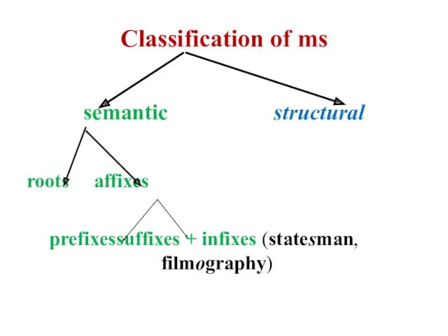 Classification of ms semantic structural roots affixes prefixes suffixes + infixes (statesman, filmography)