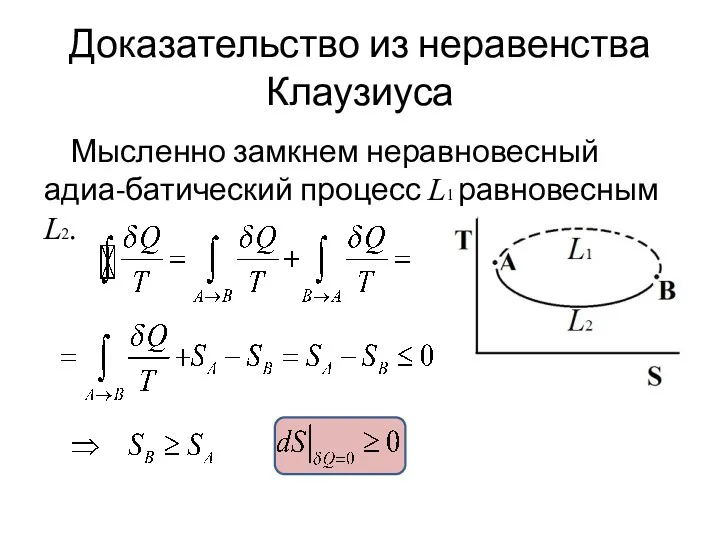 Доказательство из неравенства Клаузиуса Мысленно замкнем неравновесный адиа-батический процесс L1 равновесным L2.