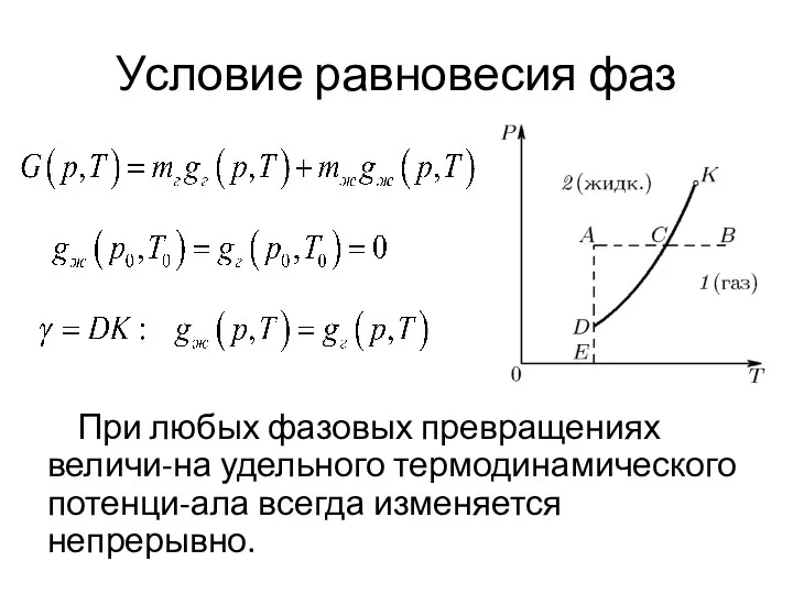 Условие равновесия фаз При любых фазовых превращениях величи-на удельного термодинамического потенци-ала всегда изменяется непрерывно.