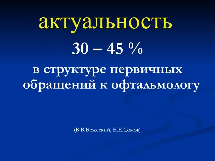 актуальность 30 – 45 % в структуре первичных обращений к офтальмологу (В.В.Бржеский, Е.Е.Сомов)