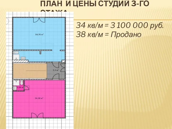 ПЛАН И ЦЕНЫ СТУДИЙ 3-ГО ЭТАЖА 34 кв/м = 3