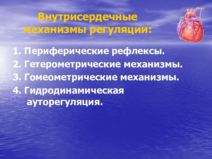 Внутрисердечные механизмы регуляции: 1. Периферические рефлексы. 2. Гетерометрические механизмы. 3. Гомеометрические механизмы. 4. Гидродинамическая ауторегуляция.