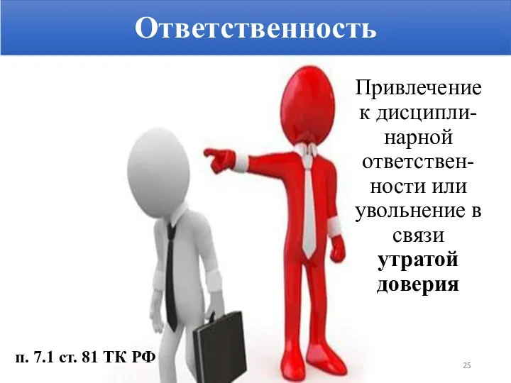 Ответственность Привлечение к дисципли-нарной ответствен-ности или увольнение в связи утратой