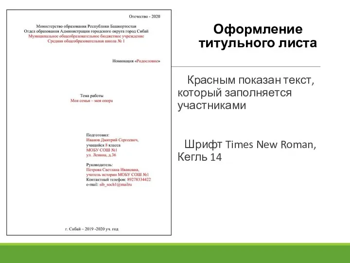 Оформление титульного листа Красным показан текст, который заполняется участниками Шрифт Times New Roman, Кегль 14