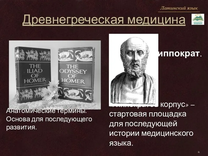 Древнегреческая медицина Анатомические термины. Основа для последующего развития. Гиппократ. «Гиппократов