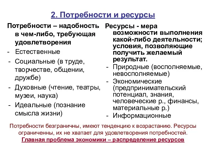 2. Потребности и ресурсы Потребности – надобность в чем-либо, требующая