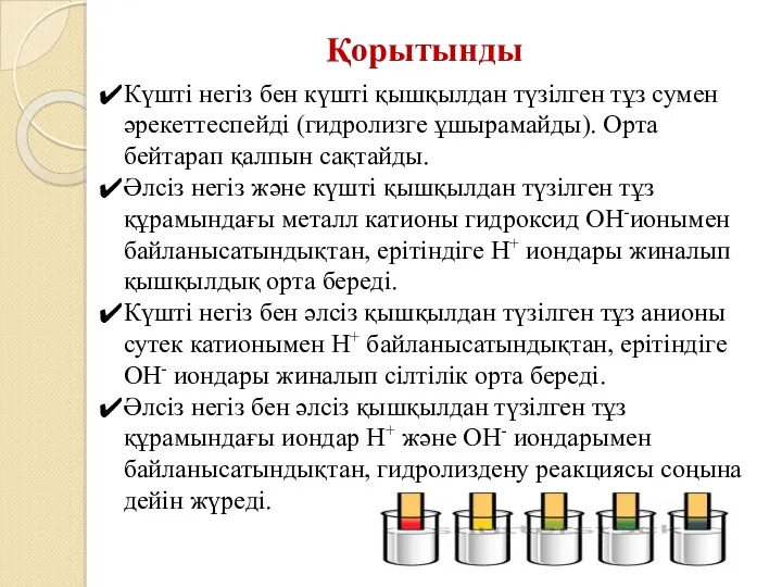 Күшті негіз бен күшті қышқылдан түзілген тұз сумен әрекеттеспейді (гидролизге