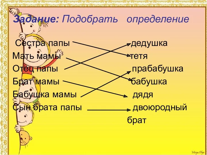 Задание: Подобрать определение Сестра папы дедушка Мать мамы тетя Отец