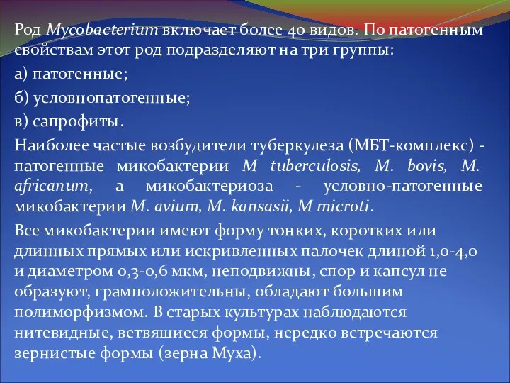 Род Mycobacterium включает более 40 видов. По патогенным свойствам этот род подразделяют на