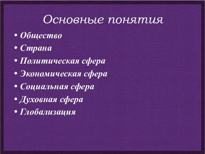 Основные понятия Общество Страна Политическая сфера Экономическая сфера Социальная сфера Духовная сфера Глобализация