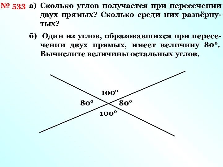 № 533 а) Сколько углов получается при пересечении двух прямых?