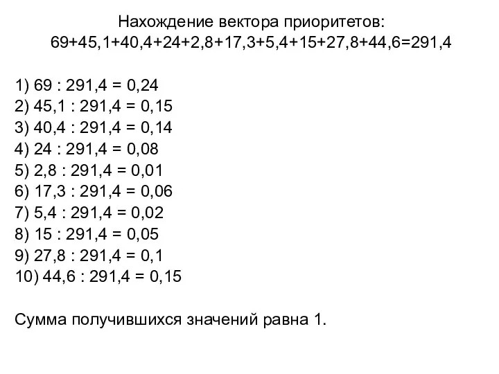 Нахождение вектора приоритетов: 69+45,1+40,4+24+2,8+17,3+5,4+15+27,8+44,6=291,4 1) 69 : 291,4 = 0,24