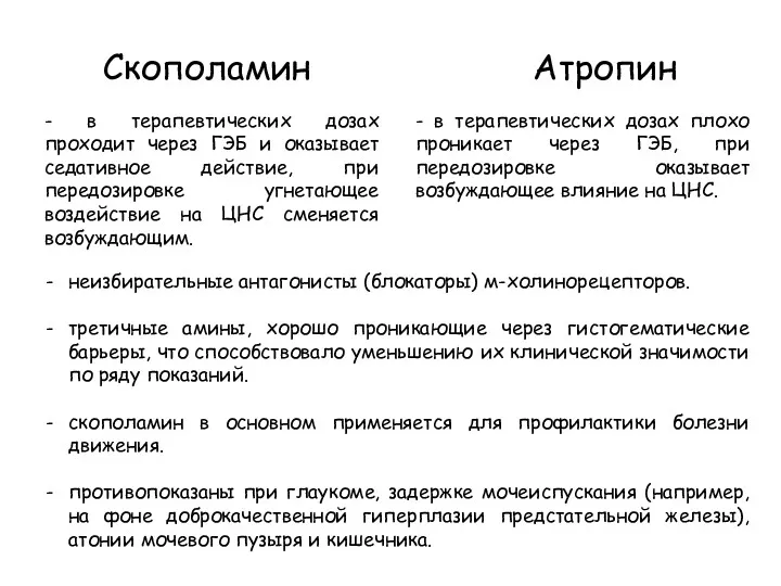 Скополамин неизбирательные антагонисты (блокаторы) м-холинорецепторов. третичные амины, хорошо проникающие через