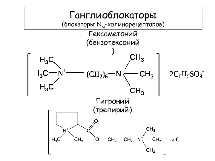 Гексаметоний (бензогексоний) Ганглиоблокаторы (блокаторы NN-холинорецепторов) Гигроний (трепирий)